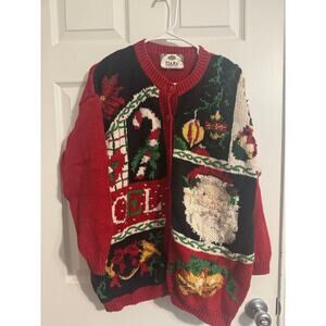 Tiara International Christmas Sweater Noel Santa Ugly Christmas Large Button